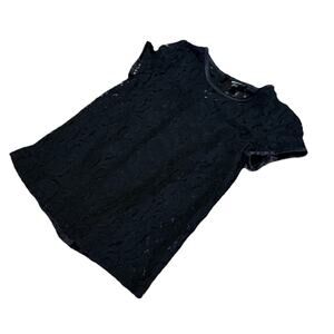 DKNY Donna Karan Black Lace Top Sz 6 Small Satin Trim Sheer Overlay w/ Cami